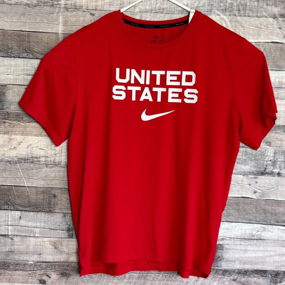 Nike Pro Dri Fit UNITED STATES Training Shirt Mens XL Red Spellout Performance